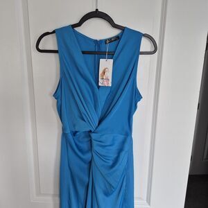 PRETTYGARDEN Sky Blue Satin Ruched Twist Front VNeck Maxi Dress Split Size M NWT